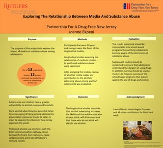 The	
  purpose	
  of	
  this	
  project	
  is	
  to	
  explore	
  the	
  
impact	
  of	
  media	
  on	
  substance	
  abuse	
  among	
  
adolescents.	
  
	
  
	
  
	
  
Purpose	
  
Signiﬁcance	
  
Adolescents	
  and	
  children	
  have	
  a	
  greater	
  
vulnerability	
  to	
  alcohol	
  as	
  opposed	
  to	
  adults.	
  
	
  
Since	
  alcohol	
  adver<sing	
  is	
  a	
  poten<al	
  factor	
  
for	
  encouraging	
  drinking	
  among	
  adolescents,	
  	
  
preventa<ve	
  measures	
  should	
  be	
  taken	
  in	
  
order	
  to	
  educate	
  the	
  ci<zens	
  of	
  New	
  Jersey	
  
especially	
  the	
  youth.	
  
	
  
Prolonged	
  alcohol	
  use	
  interferes	
  with	
  the	
  
Brain’s	
  communica<on	
  pathway.	
  It	
  can	
  
damage	
  the	
  heart,	
  liver,	
  pancreas,	
  cause	
  
certain	
  cancers	
  and	
  it	
  can	
  aﬀect	
  one’s	
  
immune	
  system.	
  
	
  
	
  
Methods	
  
Par<cipants	
  that	
  were	
  18	
  years	
  
and	
  younger	
  were	
  the	
  focus	
  of	
  the	
  
longitudinal	
  studies.	
  
	
  
Longitudinal	
  studies	
  assessing	
  the	
  
rela<onship	
  of	
  media	
  in	
  rela<on	
  
to	
  youth	
  and	
  substance	
  abuse	
  
were	
  examined.	
  	
  
	
  
AKer	
  analyzing	
  the	
  studies,	
  review	
  
of	
  whether	
  media	
  makes	
  any	
  
contribu<on	
  to	
  the	
  alcohol/	
  
substance	
  abuse	
  among	
  youths/	
  
adolescents	
  was	
  evaluated.	
  
	
  
	
  
Outcome	
  
	
  
The	
  longitudinal	
  studies	
  	
  conclude	
  
that	
  alcohol	
  	
  adver<sing	
  increases	
  
the	
  likelihood	
  that	
  adolescents	
  who	
  
already	
  drink,	
  will	
  drink	
  more	
  and	
  
that	
  those	
  who	
  do	
  not	
  drink	
  will	
  
start	
  to	
  use	
  alcohol.	
  	
  
	
  
	
  
Evalua9on	
  	
  
The	
  results	
  presented	
  should	
  be	
  
incorporated	
  into	
  school-­‐based	
  
programs	
  that	
  will	
  help	
  adolescents	
  
become	
  aware	
  of	
  the	
  detriments	
  of	
  
substance	
  abuse.	
  	
  
	
  
Subsequent	
  studies	
  should	
  be	
  
conducted	
  to	
  ensure	
  that	
  adolescents	
  
understand	
  the	
  dangers	
  of	
  using	
  drugs.	
  	
  
In	
  addi<on,	
  surveys	
  should	
  be	
  used	
  as	
  
markers	
  to	
  measure	
  success	
  of	
  the	
  
school	
  based	
  programs	
  that	
  preach	
  
against	
  the	
  use	
  of	
  drugs	
  and	
  alcohol.	
  
	
  
	
  
	
  
	
  
I	
  would	
  like	
  to	
  thank	
  Angela	
  Conover	
  
and	
  all	
  other	
  contributors	
  for	
  their	
  hard	
  
work.	
  
	
  
Exploring	
  The	
  Rela9onship	
  Between	
  Media	
  And	
  Substance	
  Abuse	
  
	
  
Partnership	
  For	
  A	
  Drug-­‐Free	
  New	
  Jersey	
  
Joanne	
  Ekpeni	
  
Acknowledgment	
  	
  
Out	
  of	
  13	
  longitudinal	
  
studies,	
  12	
  studies	
  
concluded	
  that	
  media	
  has	
  an	
  
impact	
  on	
  subsequent	
  
alcohol	
  use	
  
Has<ngs,	
  Gerald,	
  Ross	
  Gordon,	
  Kathryn	
  Angus,	
  and	
  Avalon	
  D.	
  Bruijn.	
  "Alcohol	
  and	
  Alcoholism."	
  Oxford	
  University	
  Press	
  44.3	
  
(n.d.):	
  229-­‐43.	
  Impact	
  of	
  Alcohol	
  Adver<sing	
  and	
  Media	
  Exposure	
  on	
  Adolescent	
  Alcohol	
  Use:	
  A	
  Systema<c	
  Review	
  of	
  
Longitudinal	
  Studies.	
  Web.	
  1	
  Apr.	
  2015.	
  
"Alcohol's	
  Eﬀects	
  on	
  the	
  Body."	
  Alcohol's	
  Eﬀects	
  on	
  the	
  Body.	
  Web.	
  1	
  Apr.	
  2015.	
  <hgp://www.niaaa.nih.gov/alcohol-­‐
health/alcohols-­‐eﬀects-­‐body>.	
  
Photo	
  by	
  Mar<ne	
  
 