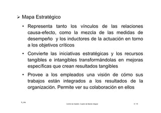 ©_mta
Control de Gestión. Cuadro de Mando Integral 6 / 18
 Mapa Estratégico
• Representa tanto los vínculos de las relaciones
causa-efecto, como la mezcla de las medidas de
desempeño y los inductores de la actuación en torno
a los objetivos críticos
• Convierte las iniciativas estratégicas y los recursos
tangibles e intangibles transformándolas en mejoras
específicas que crean resultados tangibles
• Provee a los empleados una visión de cómo sus
trabajos están integrados a los resultados de la
organización. Permite ver su colaboración en ellos
 