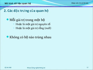 Mô hình dữ liệu quan hệ

Nhập môn Cơ sở Dữ liệu

2. Các đặ c trư ng củ a quan hệ
Mỗi giá trị trong một bộ
o
o

Hoặc là một giá trị nguyên tố
Hoặc là một giá trị rỗng (null)

Không có bộ nào trùng nhau

02:44 AM

Khoa Công nghệ thông tin

17

 
