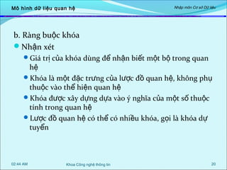 Mô hình dữ liệu quan hệ

Nhập môn Cơ sở Dữ liệu

b. Ràng buộc khóa
Nhận xét
Giá trị của khóa dùng để nhận biết một bộ trong quan

hệ
Khóa là một đặc trưng của lược đồ quan hệ, không phụ
thuộc vào thể hiện quan hệ
Khóa được xây dựng dựa vào ý nghĩa của một số thuộc
tính trong quan hệ
Lược đồ quan hệ có thể có nhiều khóa, gọi là khóa dự
tuyển

02:44 AM

Khoa Công nghệ thông tin

20

 