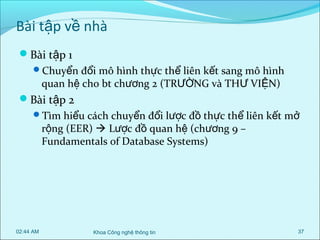 Bài tập về nhà
Bài tập 1
Chuyển đổi mô hình thực thể liên kết sang mô hình

quan hệ cho bt chương 2 (TRƯỜNG và THƯ VIỆN)

Bài tập 2
Tìm hiểu cách chuyển đổi lược đồ thực thể liên kết mở

rộng (EER)  Lược đồ quan hệ (chương 9 –
Fundamentals of Database Systems)

02:44 AM

Khoa Công nghệ thông tin

37

 
