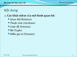 Mô hình dữ liệu quan hệ

Nhập môn Cơ sở Dữ liệu

Nội dung
1. Các khái niệ m củ a mô hình quan hệ
Quan hệ (Relation)
Thuộc tính (Attribute)
Lược đồ (Schema)
Bộ (Tuple)
Miền giá trị (Domain)

02:44 AM

Khoa Công nghệ thông tin

4

 