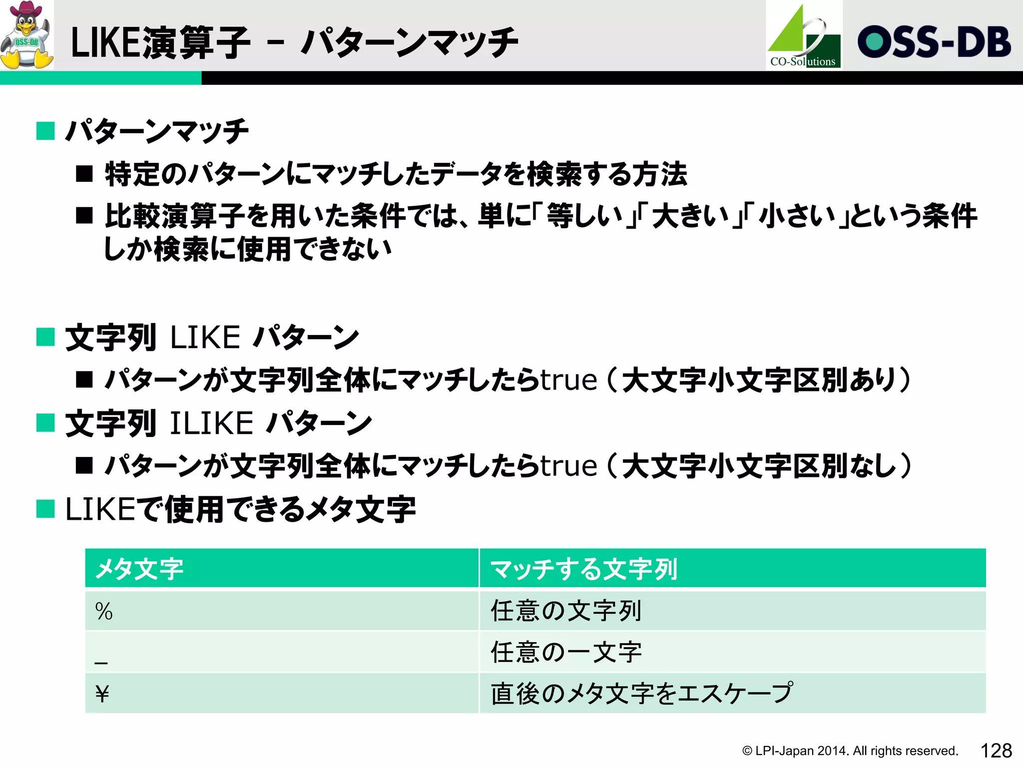 © LPI-Japan 2014. All rights reserved. 128
LIKE演算子 - パターンマッチ
 パターンマッチ
 特定のパターンにマッチしたデータを検索する方法
 比較演算子を用いた条件では、単に「等しい」「大きい」「小さい」という条件
しか検索に使用できない
 文字列 LIKE パターン
 パターンが文字列全体にマッチしたらtrue （大文字小文字区別あり）
 文字列 ILIKE パターン
 パターンが文字列全体にマッチしたらtrue （大文字小文字区別なし）
 LIKEで使用できるメタ文字
メタ文字 マッチする文字列
% 任意の文字列
_ 任意の一文字
¥ 直後のメタ文字をエスケープ
 