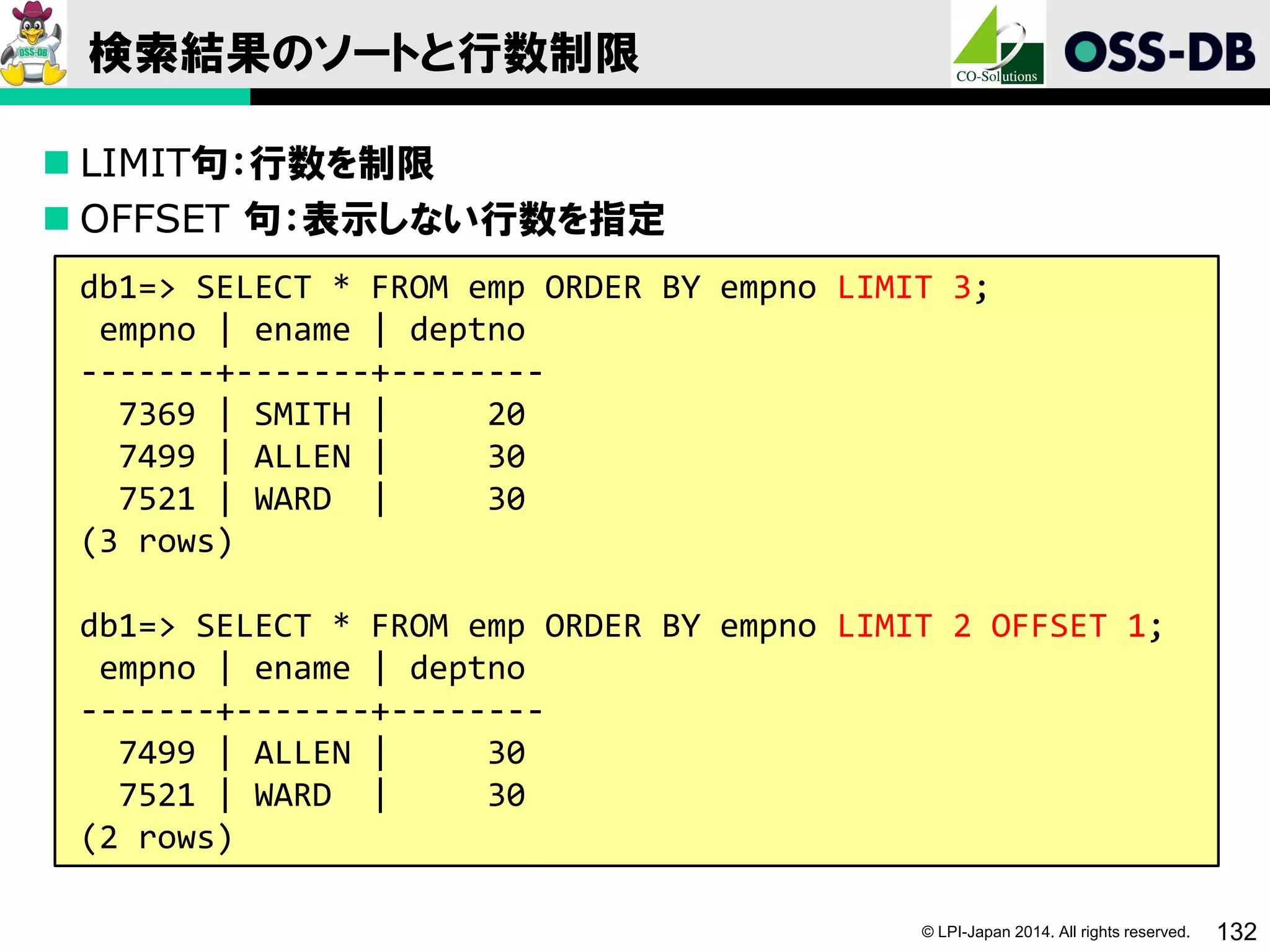 © LPI-Japan 2014. All rights reserved. 132
検索結果のソートと行数制限
 LIMIT句：行数を制限
 OFFSET 句：表示しない行数を指定
db1=> SELECT * FROM emp ORDER BY empno LIMIT 3;
empno | ename | deptno
-------+-------+--------
7369 | SMITH | 20
7499 | ALLEN | 30
7521 | WARD | 30
(3 rows)
db1=> SELECT * FROM emp ORDER BY empno LIMIT 2 OFFSET 1;
empno | ename | deptno
-------+-------+--------
7499 | ALLEN | 30
7521 | WARD | 30
(2 rows)
 