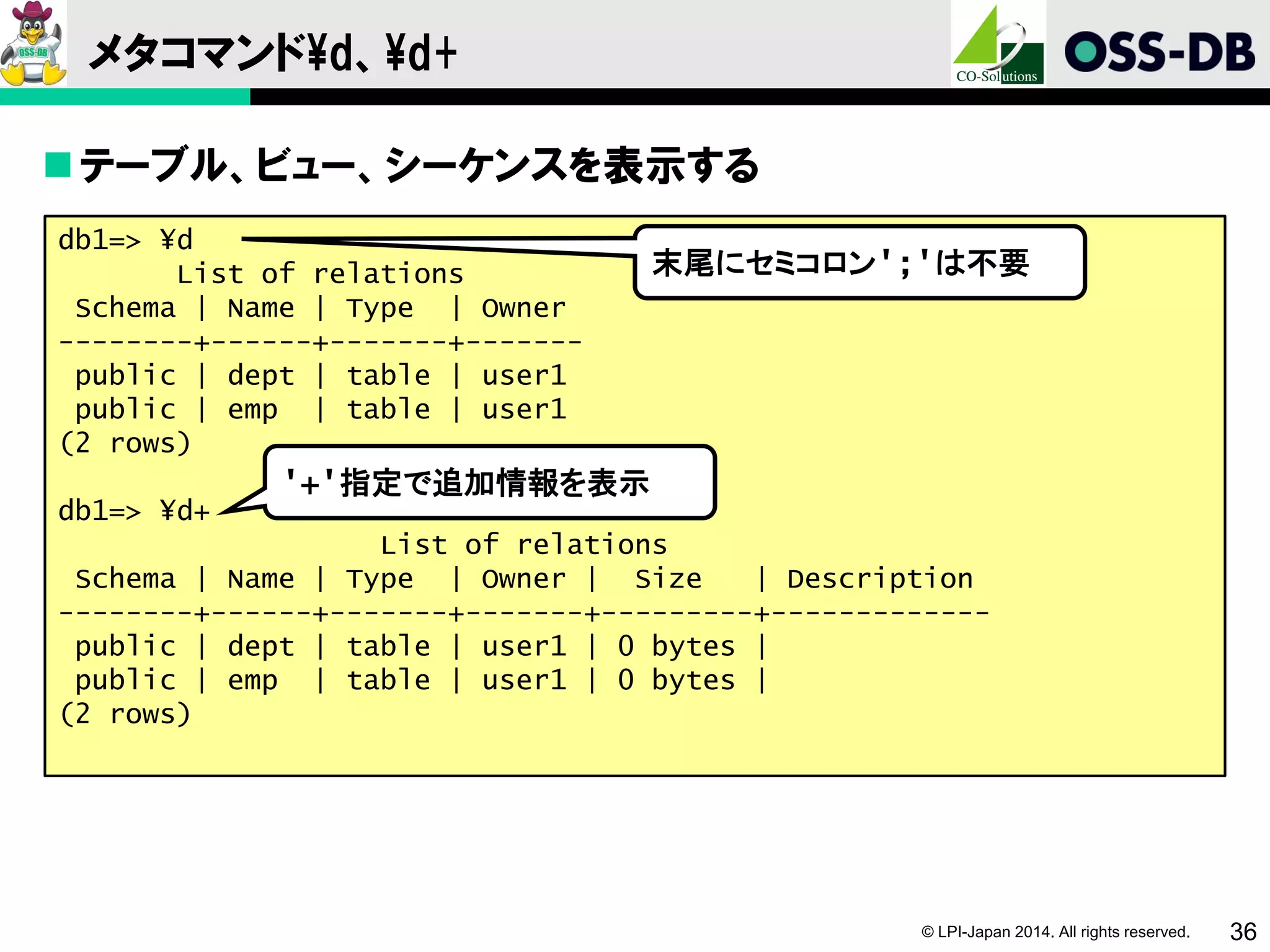 © LPI-Japan 2014. All rights reserved. 36
メタコマンド¥d、¥d+
テーブル、ビュー、シーケンスを表示する
db1=> ¥d
List of relations
Schema | Name | Type | Owner
--------+------+-------+-------
public | dept | table | user1
public | emp | table | user1
(2 rows)
db1=> ¥d+
List of relations
Schema | Name | Type | Owner | Size | Description
--------+------+-------+-------+---------+-------------
public | dept | table | user1 | 0 bytes |
public | emp | table | user1 | 0 bytes |
(2 rows)
'+'指定で追加情報を表示
末尾にセミコロン';'は不要
 