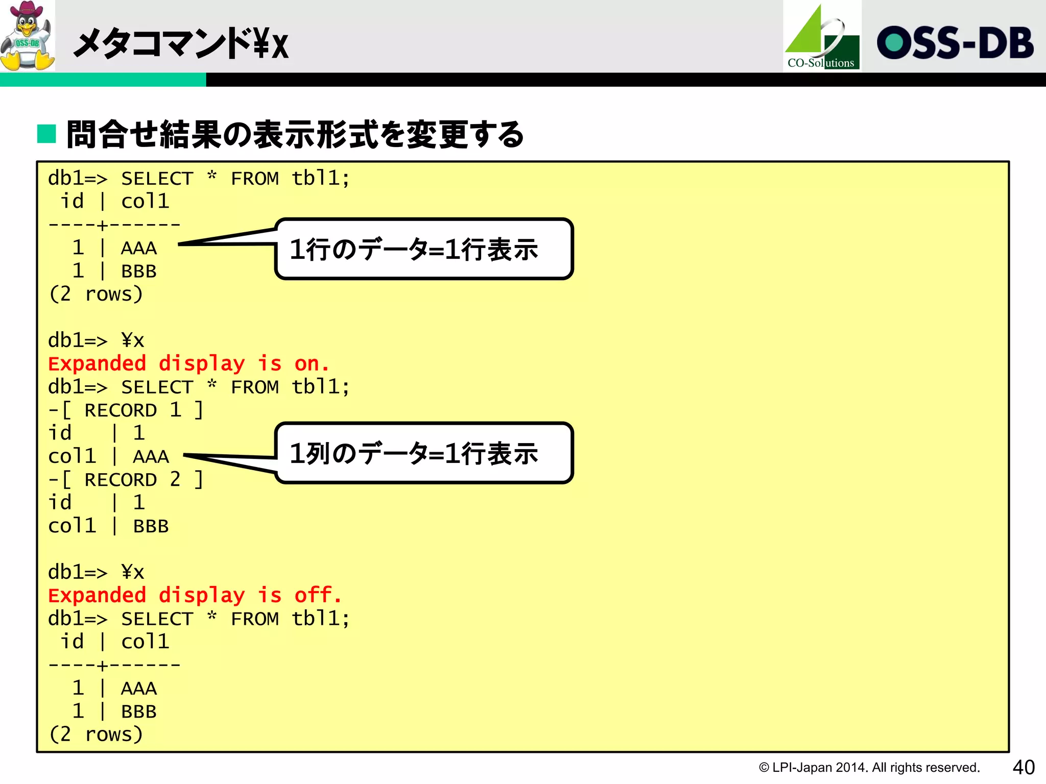 © LPI-Japan 2014. All rights reserved. 40
メタコマンド¥x
 問合せ結果の表示形式を変更する
db1=> SELECT * FROM tbl1;
id | col1
----+------
1 | AAA
1 | BBB
(2 rows)
db1=> ¥x
Expanded display is on.
db1=> SELECT * FROM tbl1;
-[ RECORD 1 ]
id | 1
col1 | AAA
-[ RECORD 2 ]
id | 1
col1 | BBB
db1=> ¥x
Expanded display is off.
db1=> SELECT * FROM tbl1;
id | col1
----+------
1 | AAA
1 | BBB
(2 rows)
1列のデータ=1行表示
1行のデータ=1行表示
 