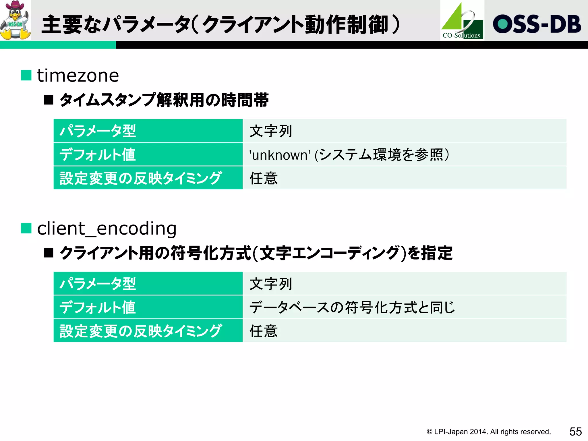 © LPI-Japan 2014. All rights reserved. 55
主要なパラメータ（クライアント動作制御）
 timezone
 タイムスタンプ解釈用の時間帯
 client_encoding
 クライアント用の符号化方式(文字エンコーディング)を指定
パラメータ型 文字列
デフォルト値 'unknown' (システム環境を参照）
設定変更の反映タイミング 任意
パラメータ型 文字列
デフォルト値 データベースの符号化方式と同じ
設定変更の反映タイミング 任意
 