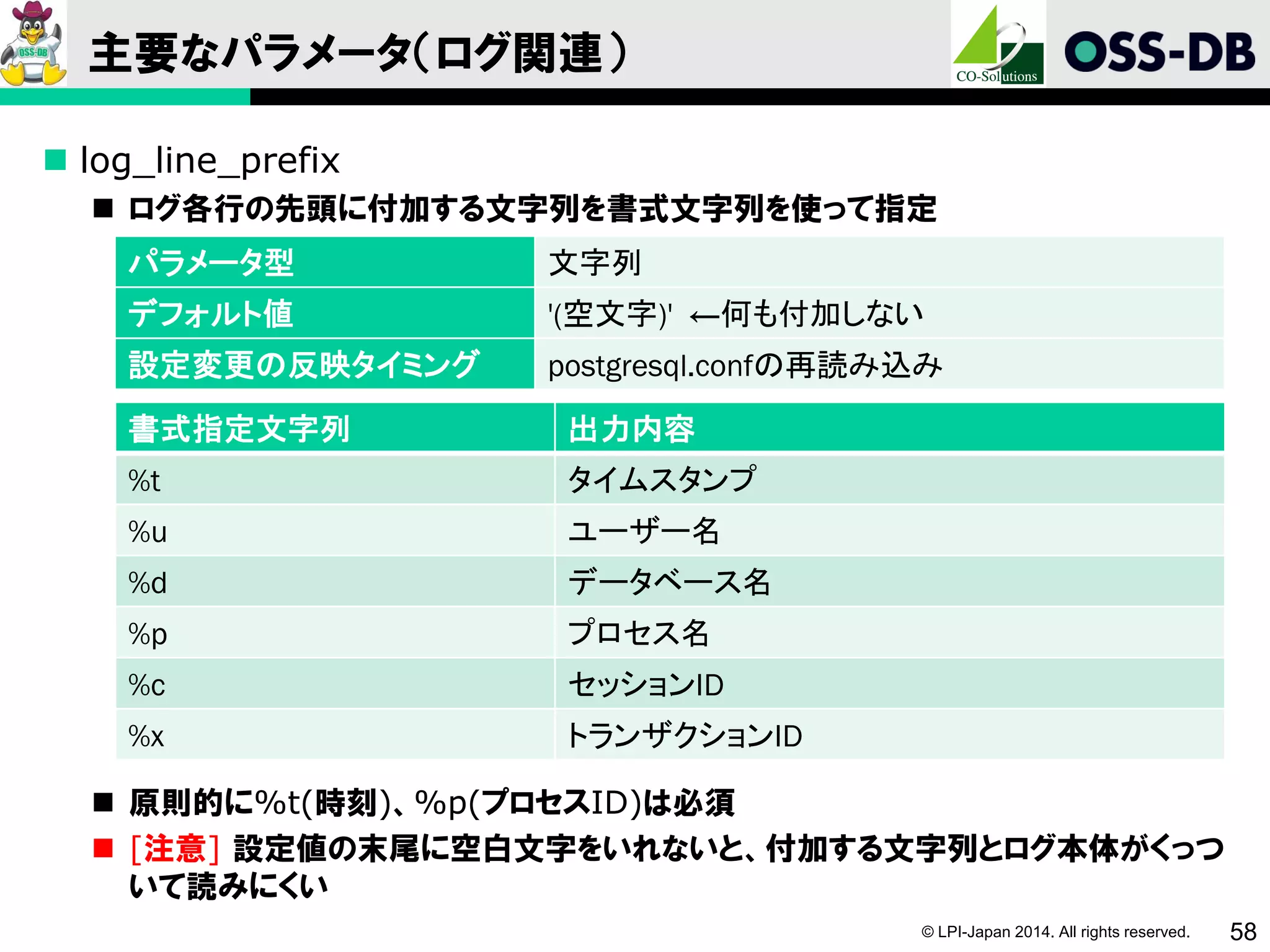 © LPI-Japan 2014. All rights reserved. 58
主要なパラメータ（ログ関連）
 log_line_prefix
 ログ各行の先頭に付加する文字列を書式文字列を使って指定
 原則的に%t(時刻)、%p(プロセスID)は必須
 [注意] 設定値の末尾に空白文字をいれないと、付加する文字列とログ本体がくっつ
いて読みにくい
パラメータ型 文字列
デフォルト値 '(空文字)' ←何も付加しない
設定変更の反映タイミング postgresql.confの再読み込み
書式指定文字列 出力内容
%t タイムスタンプ
%u ユーザー名
%d データベース名
%p プロセス名
%c セッションID
%x トランザクションID
 