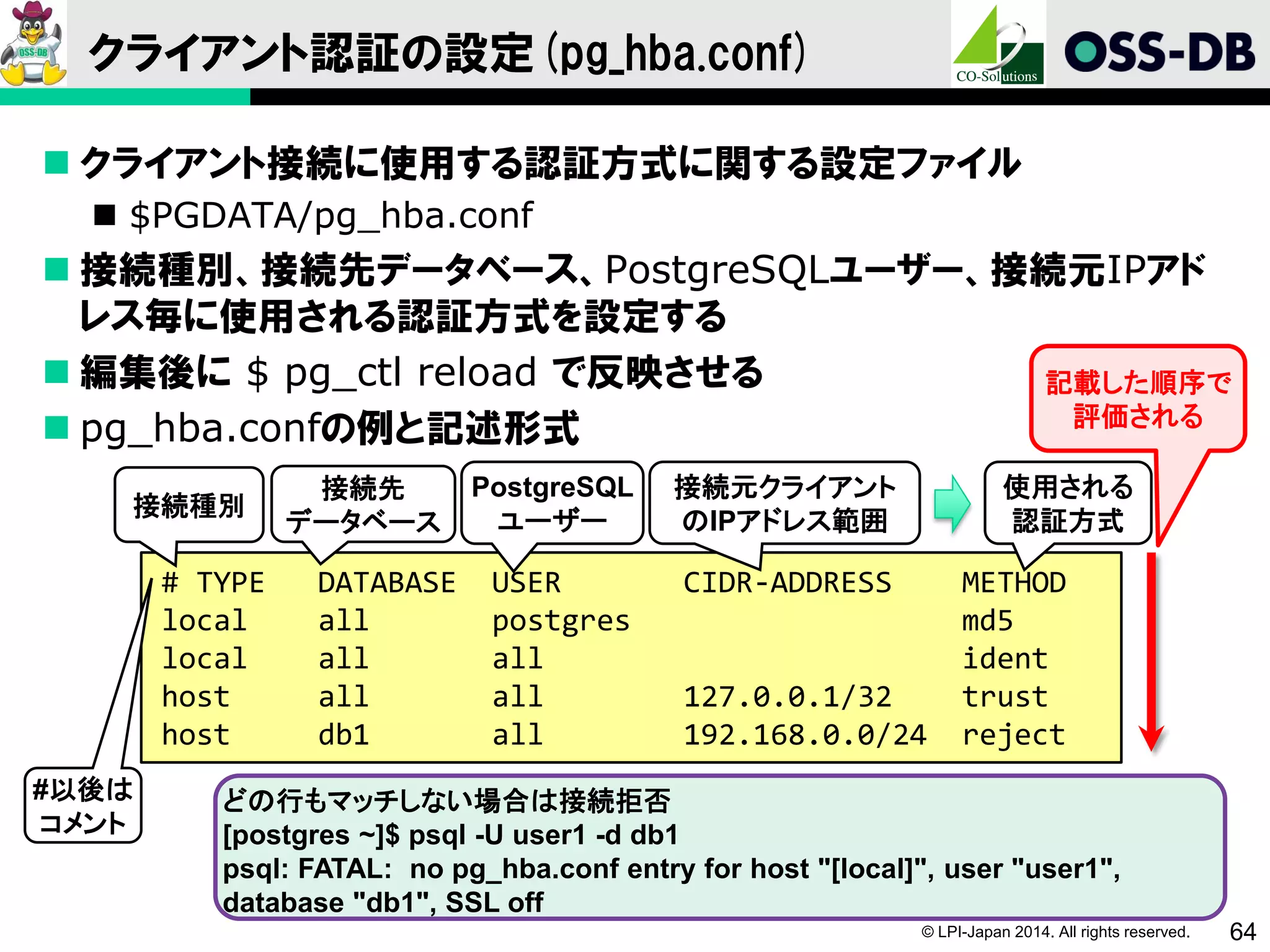 © LPI-Japan 2014. All rights reserved. 64
クライアント認証の設定(pg_hba.conf)
 クライアント接続に使用する認証方式に関する設定ファイル
 $PGDATA/pg_hba.conf
 接続種別、接続先データベース、PostgreSQLユーザー、接続元IPアド
レス毎に使用される認証方式を設定する
 編集後に $ pg_ctl reload で反映させる
 pg_hba.confの例と記述形式
# TYPE DATABASE USER CIDR-ADDRESS METHOD
local all postgres md5
local all all ident
host all all 127.0.0.1/32 trust
host db1 all 192.168.0.0/24 reject
接続種別
接続先
データベース
PostgreSQL
ユーザー
接続元クライアント
のIPアドレス範囲
使用される
認証方式
記載した順序で
評価される
#以後は
コメント
どの行もマッチしない場合は接続拒否
[postgres ~]$ psql -U user1 -d db1
psql: FATAL: no pg_hba.conf entry for host "[local]", user "user1",
database "db1", SSL off
 