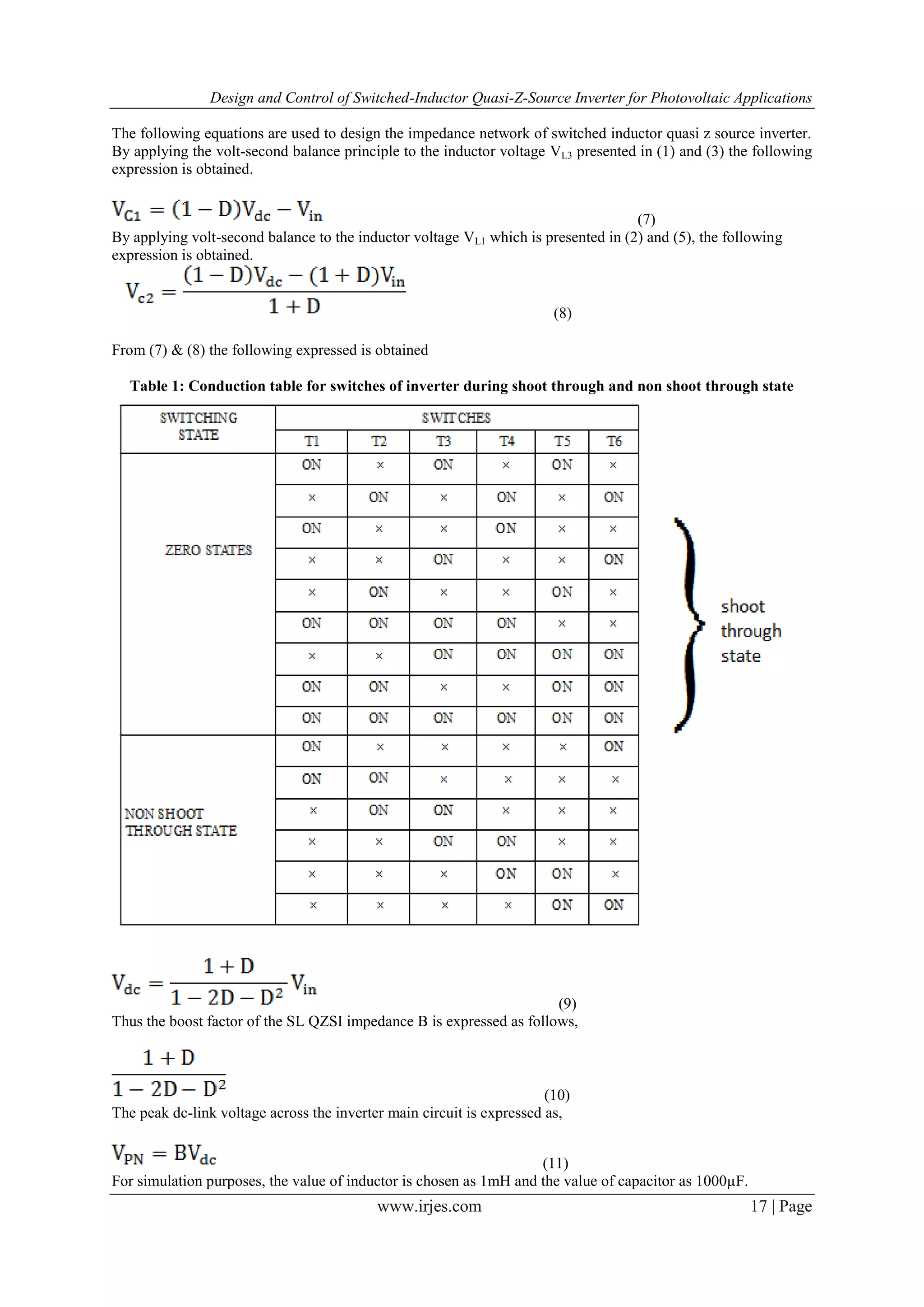 Design and Control of Switched-Inductor Quasi-Z-Source Inverter for Photovoltaic Applications
www.irjes.com 17 | Page
The following equations are used to design the impedance network of switched inductor quasi z source inverter.
By applying the volt-second balance principle to the inductor voltage VL3 presented in (1) and (3) the following
expression is obtained.
(7)
By applying volt-second balance to the inductor voltage VL1 which is presented in (2) and (5), the following
expression is obtained.
(8)
From (7) & (8) the following expressed is obtained
Table 1: Conduction table for switches of inverter during shoot through and non shoot through state
(9)
Thus the boost factor of the SL QZSI impedance B is expressed as follows,
(10)
The peak dc-link voltage across the inverter main circuit is expressed as,
(11)
For simulation purposes, the value of inductor is chosen as 1mH and the value of capacitor as 1000µF.
 