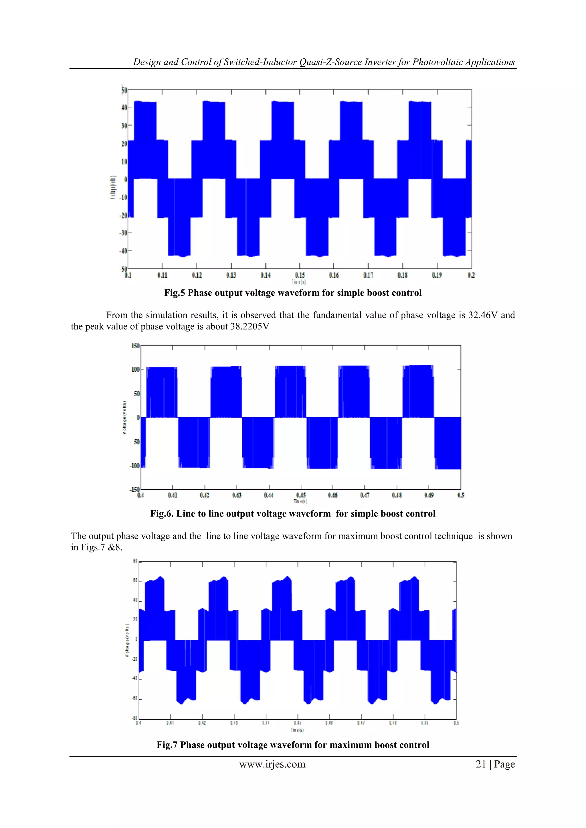 Design and Control of Switched-Inductor Quasi-Z-Source Inverter for Photovoltaic Applications
www.irjes.com 21 | Page
Fig.5 Phase output voltage waveform for simple boost control
From the simulation results, it is observed that the fundamental value of phase voltage is 32.46V and
the peak value of phase voltage is about 38.2205V
Fig.6. Line to line output voltage waveform for simple boost control
The output phase voltage and the line to line voltage waveform for maximum boost control technique is shown
in Figs.7 &8.
Fig.7 Phase output voltage waveform for maximum boost control
 