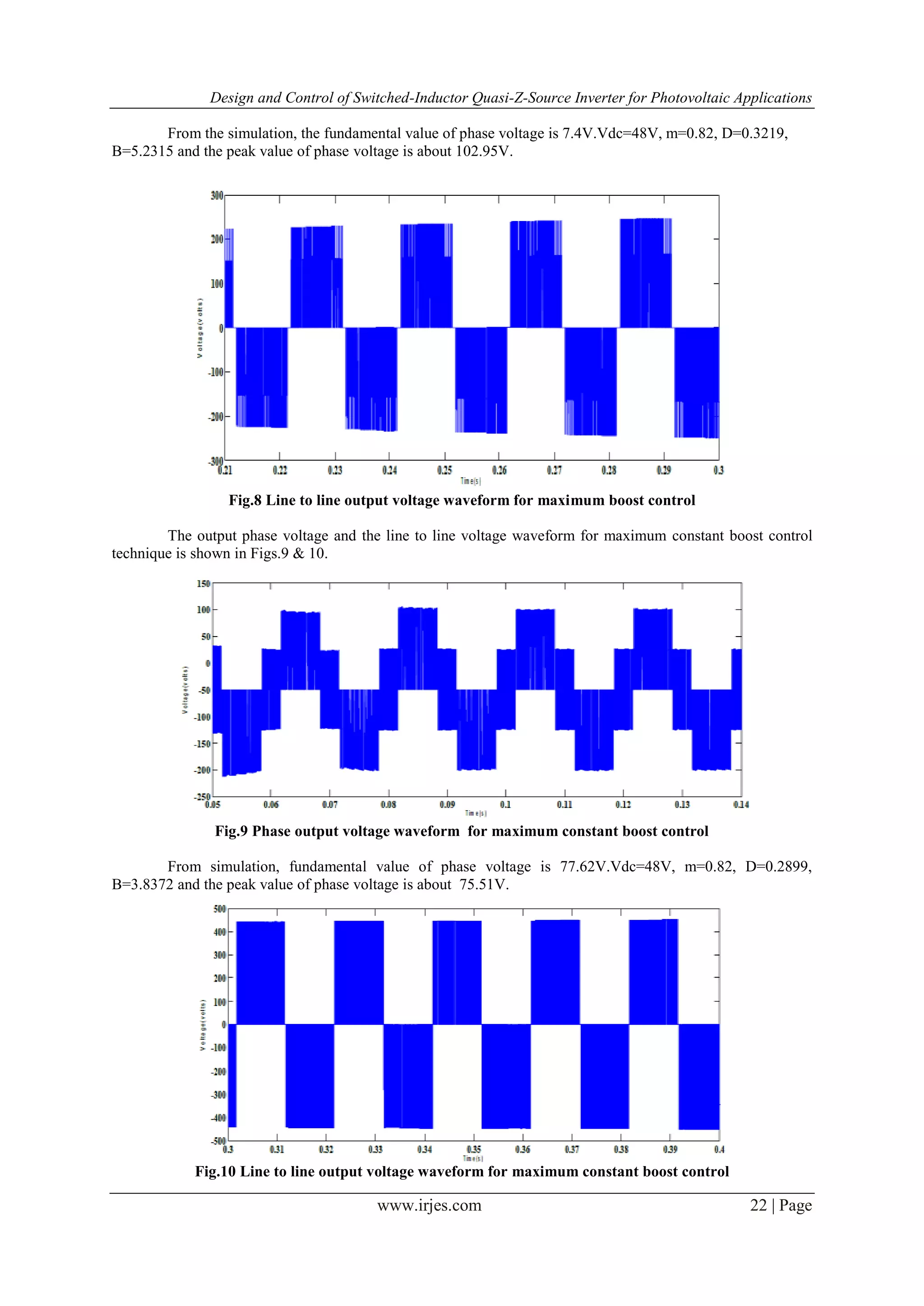 Design and Control of Switched-Inductor Quasi-Z-Source Inverter for Photovoltaic Applications
www.irjes.com 22 | Page
From the simulation, the fundamental value of phase voltage is 7.4V.Vdc=48V, m=0.82, D=0.3219,
B=5.2315 and the peak value of phase voltage is about 102.95V.
Fig.8 Line to line output voltage waveform for maximum boost control
The output phase voltage and the line to line voltage waveform for maximum constant boost control
technique is shown in Figs.9 & 10.
Fig.9 Phase output voltage waveform for maximum constant boost control
From simulation, fundamental value of phase voltage is 77.62V.Vdc=48V, m=0.82, D=0.2899,
B=3.8372 and the peak value of phase voltage is about 75.51V.
Fig.10 Line to line output voltage waveform for maximum constant boost control
 