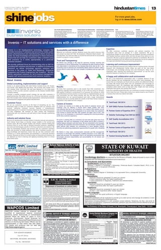 HINDUSTAN TIMES, MUMBAI
TUESDAY, APRIL 07, 2015 13|
FOR ADVERTISEMENT
Call HT Office
66134366, 66134363, 66134362
Fax No.: 66134322
WAPCOS Limited intends to empanel well
qualified & experienced experts including
freelance, former Technocrats of Central/State/
Boards/ PSUs etc. below 67 years in Civil,
Electrical, Environment, Social Sciences for
Projects in Water Resources/Power/Infrastructure
Sectors on short/Long term basis. Officers due for
superannuation in near future may also apply.
For cletails and proforma visit our web site
http://www.wapcos.gov.in
WAPCOS Limited
Printed and distributed by PressReader
C O P Y R I G H T A N D P R O T E C T E D B Y A P P L I C A B L E L AW
PressReader.com +1 604 278 4604• O R I G I N A L C O P Y • O R I G I N A L C O P Y • O R I G I N A L C O P Y • O R I G I N A L C O P Y • O R I G I N A L C O P Y • O R I G I N A L C O P Y •
 