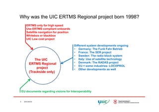 Why was the UIC ERTMS Regional project born 1998?
ERTMS only for high speed
Use ERTMS compliant onboards
Why was the UIC ERTMS Regional project born 1998?
Satellite navigation for position
Whitebox or blackbox
UIC Low cost project
Different system developments ongoing
• Germany: The Funk Fahr Betrieb
• France: The SER project
• Sweden: The radio block system
The UIC
ERTMS Regional
project
• Sweden: The radio block system
• Italy: Use of satellite technology
• Denmark: The RADAS project
• EU + some industries: LOCOPROL
Oth d l t llproject
(Trackside only)
• Other developments as well
EU documents regarding visions for Interoperability
3 2012-05-03
 