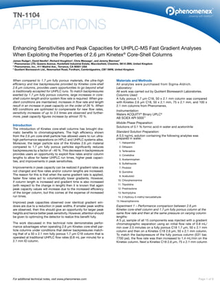 APPLICATIONS
TN-1104
Page 1 of 8For additional technical notes, visit www.phenomenex.com
Enhancing Sensitivities and Peak Capacities for UHPLC-MS Fast Gradient Analyses
When Exploiting the Properties of 2.6 μm Kinetex®
Core-Shell Columns
James Rudge1, David Neville2
, Richard Houghton2
, Chris Message1
, and Jeremy Bierman3
1
Phenomenex LTD, Queens Avenue, Hurdsfield Industrial Estate, Macclesfield, Cheshire, SK10 2BN, United Kingdom
3
Phenomenex, Inc., 411 Madrid Ave., Torrance, CA 90501 USA
2
Quotient Bioresearch Ltd., Newmarket Road, Fordham, Cambridgeshire, CB7 5WW, United Kingdom
When compared to 1.7 μm fully porous materials, the ultra-high
efficiency and low backpressures provided by Kinetex core-shell
2.6 μm columns, provides users opportunities to go beyond what
is traditionally accepted for UHPLC runs. To match backpressures
exerted by 1.7 µm fully porous columns, large increases in core-
shell column length and/or system flow rate is required. When gra-
dient conditions are maintained, increases in flow rate and length
result in an increase in peak capacity on the order of 26 %. When
MS conditions are optimized to compensate for new flow rates,
sensitivity increases of up to 3.5 times are observed and further-
more, peak capacity figures increase by almost 70 %.
Introduction
The introduction of Kinetex core-shell columns has brought dra-
matic benefits to chromatographers. The high efficiency shown
from the 2.6 μm core-shell particle has allowed users to run ultra-
high performance separations on HPLC and UHPLC systems alike.
Moreover, the larger particle size of the Kinetex 2.6 μm material
compared to 1.7 μm fully porous particles significantly reduces
backpressures by a factor of ~40 %. This decrease in backpressure
provides users an opportunity to exploit flow rates and/or column
lengths to allow for faster UHPLC run times, higher peak capaci-
ties, and improvements in peak sensitivities.
Improvements in peak capacity can be realized if gradient rates are
not changed and flow rates and/or column lengths are increased.
The reason for this is that when the same gradient rate is applied,
faster flow rates act to volumetrically lower gradients. However,
if column length is increased and gradient time is also increased
(with respect to the change in length) then it is known that again
peak capacity values will increase due to the increased efficiency
of the longer column, but this comes at the expense of increased
run times.
Improved peak capacities observed over identical gradient win-
dows are due to a reduction in peak widths. If smaller peak widths
are observed, then this should give an opportunity for larger peak
heights and hence better peak sensitivity. However, attention should
be given to optimizing the detector to realize this benefit fully.
The work discussed in this technical note demonstrates perfor-
mance advantages when operating 2.6 µm Kinetex core-shell par-
ticle columns under conditions that deliver backpressures match-
ing that of a 50 x 2.1 mm fully porous 1.7 µm C18 column that is
operated at traditional UHPLC flow rates (0.8 mL per minute) for a
2.1 mm ID column.
Materials and Methods
All analytes were purchased from Sigma-Aldrich.
Laboratory:
All work was carried out by Quotient Bioresearch Laboratories.
Columns Used:
A fully porous 1.7 μm C18, 50 x 2.1 mm column was compared
with Kinetex 2.6 μm C18, 50 x 2.1 mm, 75 x 2.1 mm, and 100 x
2.1 mm columns from Phenomenex.
Instrumentation:
Waters ACQUITY®
Binary UPLC®
AB SCIEX API 5000™
Mobile Phase Preparation:
Solutions of 0.1 % formic acid in water and acetonitrile
Standard Solution Preparation:
A 0.5 ng/mL solution containing the following analytes was
prepared in water.
1. Haloperidol
2. Diltiazem
3. Terfenadine
4. Cimetidine
5. Acetaminophen
6. Sulfathiazole
7. Pindolol
8. Quinidine
9. Acebutolol
10. Chlorpheniramine
11. Tripolidine
12. Prednisolone
13. Nortriptyline
14. 2-Hydroxy-5-methyl benzaldehyde
15.	Hexanophenone
Experiment 1 – Performance comparison between 2.6 µm
Kinetex core-shell column and 1.7 µm fully porous column at the
same flow rate and then at the same pressure on varying column
lengths:
A 5 µL sample of all 15 components was injected with a gradient
chromatographic separation using an initial flow rate of 0.8 mL/
min over 2.5 minutes on a fully porous C18 1.7 µm, 50 x 2.1 mm
column and then on a Kinetex C18 2.6 µm, 50 x 2.1 mm column.
To match the backpressure of the fully porous column (531 bar,
7700 psi), the flow rate was then increased to 1.4 mL/min on the
Kinetex column. Next a Kinetex C18 2.6 µm, 75 x 2.1 mm column
 