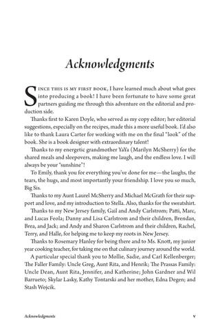 Acknowledgments v
Acknowledgments
Since this is my first book, I have learned much about what goes
into producing a book! I have been fortunate to have some great
partners guiding me through this adventure on the editorial and pro-
duction side.
Thanks first to Karen Doyle, who served as my copy editor; her editorial
suggestions, especially on the recipes, made this a more useful book. I’d also
like to thank Laura Carter for working with me on the final “look” of the
book. She is a book designer with extraordinary talent!
Thanks to my energetic grandmother YaYa (Marilyn McSherry) for the
shared meals and sleepovers, making me laugh, and the endless love. I will
always be your “sunshine”!
To Emily, thank you for everything you’ve done for me—the laughs, the
tears, the hugs, and most importantly your friendship. I love you so much,
Big Sis.
Thanks to my Aunt Laurel McSherry and Michael McGrath for their sup-
port and love, and my introduction to Stella. Also, thanks for the sweatshirt.
Thanks to my New Jersey family, Gail and Andy Carlstrom; Patti, Marc,
and Lucas Feola; Danny and Lisa Carlstrom and their children, Brendan,
Brea, and Jack; and Andy and Sharon Carlstrom and their children, Rachel,
Terry, and Halle, for helping me to keep my roots in New Jersey.
Thanks to Rosemary Hanley for being there and to Ms. Knott, my junior
year cooking teacher, for taking me on that culinary journey around the world.
A particular special thank you to Mollie, Sadie, and Carl Kellenberger;
The Faller Family: Uncle Greg, Aunt Rita, and Henrik; The Prassas Family:
Uncle Dean, Aunt Rita, Jennifer, and Katherine; John Gardner and Wil
Barrueto; Skylar Lasky, Kathy Tontarski and her mother, Edna Degen; and
Stash Wojcik.
 