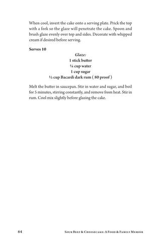 64 Sour Beef  Cheesecake: A Food  Family Memoir
When cool, invert the cake onto a serving plate. Prick the top
with a fork so the glaze will penetrate the cake. Spoon and
brush glaze evenly over top and sides. Decorate with whipped
cream if desired before serving.
Serves 10
Glaze:
1 stick butter
¼ cup water
1 cup sugar
½ cup Bacardi dark rum ( 80 proof )
Melt the butter in saucepan. Stir in water and sugar, and boil
for 5 minutes, stirring constantly, and remove from heat. Stir in
rum. Cool mix slightly before glazing the cake.
 