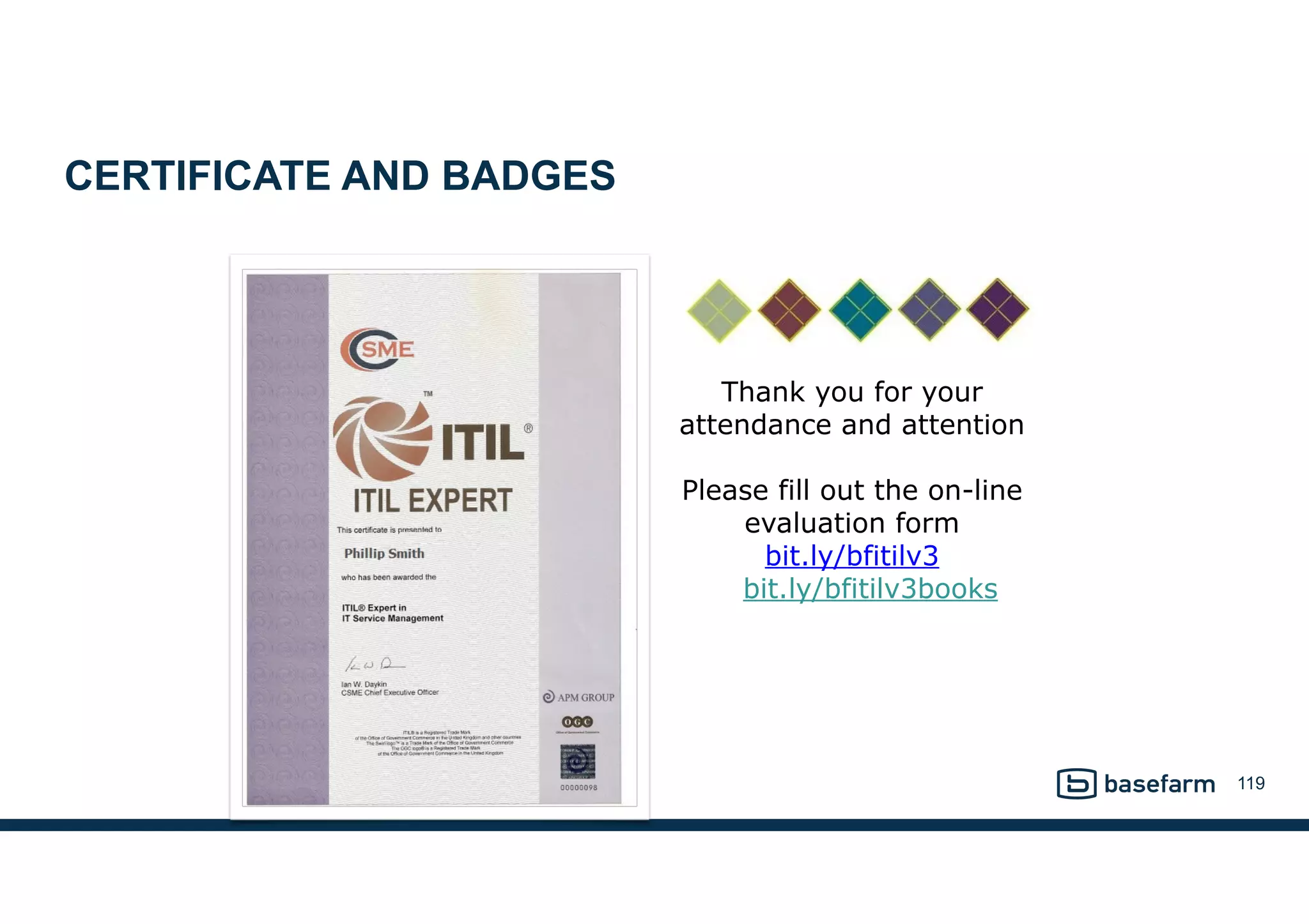 CERTIFICATE AND BADGES
119
Thank you for your
attendance and attention
Please fill out the on-line
evaluation form
bit.ly/bfitilv3
bit.ly/bfitilv3books
 