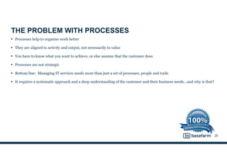 THE PROBLEM WITH PROCESSES
• Processes help to organise work better
• They are aligned to activity and output, not necessarily to value
• You have to know what you want to achieve, or else assume that the customer does
• Processes are not strategic
• Bottom line: Managing IT services needs more than just a set of processes, people and tools
• It requires a systematic approach and a deep understanding of the customer and their business needs…and why is that?
25
 
