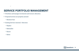 SERVICE PORTFOLIO MANAGEMENT
• Prioritises and manages investments and resource allocation
• Proposed services are properly assessed
− Business Case
• Existing Services Assessed. Outcomes:
− Replace
− Rationalise
− Renew
− Retire
34
SS
 