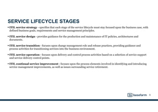 SERVICE LIFECYCLE STAGES
• ITIL service strategy - specifies that each stage of the service lifecycle must stay focused upon the business case, with
defined business goals, requirements and service management principles.     
• ITIL service design - provides guidance for the production and maintenance of IT policies, architectures and
documents.     
• ITIL service transition - focuses upon change management role and release practices, providing guidance and
process activities for transitioning services into the business environment.     
• ITIL service operation - focuses upon delivery and control process activities based on a selection of service support
and service delivery control points.     
• ITIL continual service improvement - focuses upon the process elements involved in identifying and introducing
service management improvements, as well as issues surrounding service retirement.
9
 