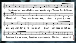 Diep in ons hart weerklinkt er een stem 
die zingt: 'Eer aan God de Vader. Gloria!' 
Zoon van de mensen, door Uw groot lijden 
zijn wij dichter bij U. Gloria! 
Geest van hoop en liefde, 
Geest van licht en leven, 
Geest van echte vrede. Gloria! 
(Wyllin José) 
 
