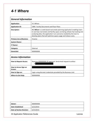 30 Application References Guide Leones
4-1 Where
General Information
Application: 4-1 Where
Application ID: CBRE: Facility Documents and Floor Plans
Description: 4-1 Where is a web-based real-estate planning application enabling Users
to see how real estate and facility space are being utilized. By tracking and
analyzing data, the application runs scenarios needed by the User to
develop plans that will optimize space usage and reduce costs.
Primary Line of Business Finance
System Owner:
IT Owner:
Category: External
Domiciled: XXXXXXXXX
Access Information
How to Request Access: Requires XXXXXXXXX VP approval. Send email request to either:
 mei.chung@unionbank.co
How to Access Sign-on
Screen:
URL: http://www.41where.com/cbre-unionbank/
How to Sign-on: Login using discreet credentials provided by the Business Unit
Where to Get Help: XXXXXXXXX
Owner: XXXXXXXXX
Date Established: 6/23/2014
Date of Section Revision: 6/23/2014
 