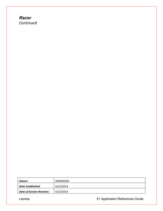Leones 51 Application References Guide
Racer
Continued
Owner: XXXXXXXXX
Date Established: 6/23/2014
Date of Section Revision: 6/23/2014
 