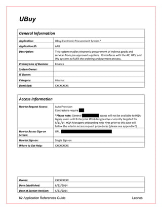 62 Application References Guide Leones
UBuy
General Information
Application: UBuy-Electronic Procurement System *
Application ID: ARB
Description: This system enables electronic procurement of indirect goods and
services from pre-approved suppliers. It interfaces with the AP, HRS, and
INV systems to fulfill the ordering and payment process.
Primary Line of Business Finance
System Owner:
IT Owner:
Category: Internal
Domiciled: XXXXXXXXX
Access Information
How to Request Access: Auto Provision
 Contractors require UAR
*Please note: General XXXXXXXXXUY access will not be available to HQA
legacy users until Enterprise Workday goes live-currently targeted for
8/11/14. HQA Managers onboarding new hires prior to this date will
follow the interim access request procedures (please see appendix C).
How to Access Sign-on
Screen:
URL: http://unionbank.procurement.ariba.com/
How to Sign-on: Single Sign-on
Where to Get Help: XXXXXXXXX
Owner: XXXXXXXXX
Date Established: 6/23/2014
Date of Section Revision: 6/23/2014
 