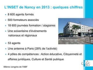 60ème congrès de l'ABF
L’INSET de Nancy en 2013 : quelques chiffres
 8 600 agents formés
 500 formateurs associés
 18 600 journées formation / stagiaires
 Une soixantaine d’événements
nationaux et régionaux.
 53 agents
 Une antenne à Paris (28% de l’activité)
 4 pôles de compétences : Action éducative, Citoyenneté et
affaires juridiques, Culture et Santé publique
 