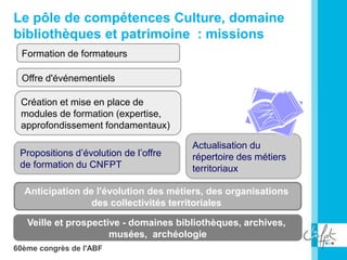 60ème congrès de l'ABF
Le pôle de compétences Culture, domaine
bibliothèques et patrimoine : missions
Veille et prospectiv...