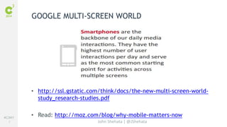 #C3NY 
5 
GOOGLE MULTI-SCREEN WORLD 
• http://ssl.gstatic.com/think/docs/the-new-multi-screen-world-study_ 
research-studies.pdf 
• Read: http://moz.com/blog/why-mobile-matters-now 
John Shehata | @JShehata 
 