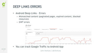 #C3NY 
57 
DEEP LINKS ERRORS 
• Android Deep Links – Errors 
– Mismatched content (paginated pages, expired content, blocked 
John Shehata | @JShehata 
resources) 
– GWT errors 
• You can track Google Traffic to Android App 
 