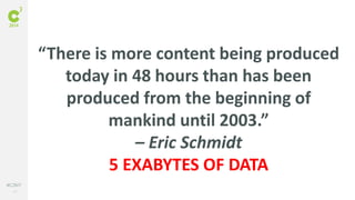 17
#C3NY
“There is more content being produced
today in 48 hours than has been
produced from the beginning of
mankind until 2003.”
– Eric Schmidt
5 EXABYTES OF DATA
 