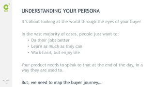 44
#C3NY
UNDERSTANDING YOUR PERSONA
It’s about looking at the world through the eyes of your buyer
In the vast majority of cases, people just want to:
• Do their jobs better
• Learn as much as they can
• Work hard, but enjoy life
Your product needs to speak to that at the end of the day, in a
way they are used to.
But, we need to map the buyer journey…
 