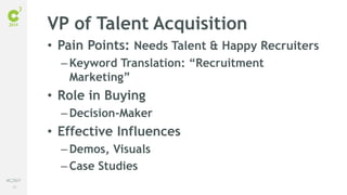 56
#C3NY
VP of Talent Acquisition
• Pain Points: Needs Talent & Happy Recruiters
– Keyword Translation: “Recruitment
Marketing”
• Role in Buying
– Decision-Maker
• Effective Influences
– Demos, Visuals
– Case Studies
 
