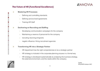 18
The Future of HR (Functional Excellence)
Quelle:
BCG/EAPM-Analyse 2007
Mastering HR Processes
- Defining and controlling standards
- Defining service level agreements
- Training HR Staff
Devlivering on Recruiting and Staffing
- Developing communication campaigns for the company
- Maintaining a reserve of personnel for the company
- recruiting returning emigrants
- negativ influence: Hiring recruitment agencies
Transforming HR into a Strategic Partner
- HR department has the right compentencies to be a strategic partner
- HR strategy is included in the corporate-planning process in a formal way
- HR strategy is developed systematically by analysing the business strategy,
the external environment, and the needs within the company
 
