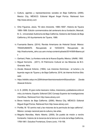 8. Cultura, agentes y representaciones sociales en Baja California. (2006).
Mexico City, MÉXICO: Editorial Miguel Ángel Porrúa. Retrieved from
http://www.ebrary.com
9. Ortiz Figueroa, Jesús, "El clero itinerante. 1888–1900", Historia de Tijuana
1889–1989. Edición conmemorativa del centenario de su fundación, Mexicali,
B. C., Universidad Autónoma de Baja California, Gobierno del Estado de Baja
California y XII Ayuntamiento de Tijuana, 1989.
10. Fuensanta Baena. (2014). Revista Americana de Historial Social. México:
TRASHUMANTE. Recuperado el 15/03/2016 Recuperado de:
http://trashumante_rahs.cua.uam.mx/wp-content/uploads/2014/08/8-Baena.pd
f
11. Gerhard, Peter, La frontera norte de la Nueva España, México, UNAM, 1993
12. Miguel Sorroche . (2011). El Patrimonio Cultural en las Misiones de B.C.
Granada: Atrio
13. Zavala Abascal Antonio. (1964). Las misiones Dominicas : el turismo y la
leyenda negra de Tijuana y de Baja California. 2016, de Internet Archive Sitio
web:
14. https://ebiblio.cetys.mx:2284/stream/lasmisionesdomin00zava​Autor: Zavala
Abascal Antonio
15. A. S. (2009). El gran norte mexicano: indios, misioneros y pobladores entre el
mito y la historia. España: Editorial CSIC Consejo Superior de Investigaciones
Científicas. Retrieved from ​http://www.ebrary.com
16. Breve historia de Baja California. (2006). Mexico City, MÉXICO: Editorial
Miguel Ángel Porrúa. Retrieved from ​http://www.ebrary.c​om
17. Portilla, M. “El camino real y las misiones de la península de baja california”.
México: consejo nacional para la cultura y las artes.
18. Magaña Mancillas, Mario Alberto; (2009). De pueblo de misión a rancho
frontereño: historia de la tenencia de la tierra en el norte de la Baja California,
1769-1861. Estudios Fronterizos, Enero-Junio, 119-156.
33
 