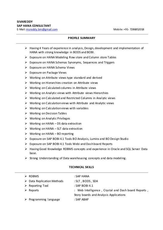 sap hana resume sap bi sample resumes