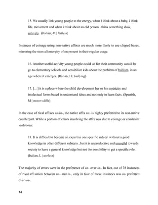15. We usually link young people to the energy, when I think about a baby, i think
life, movement and when i think about an old person i think something slow,
unlively. (Italian, M | listless)
!
Instances of coinage using non-native affixes are much more likely to use clipped bases,
mirroring the stem allomorphy often present in their regular usage.
!
16. Another useful activity young people could do for their community would be
go to elementary schools and sensibilize kids about the problem of bullism, in an
age where it emerges. (Italian, H | bullying)
!
17. […] it is a place where the child development her or his motricity and
intelectual forms based in understand ideas and not only in learn facts. (Spanish,
M | motor-skills)
!
In the case of rival affixes un/in-, the native affix un- is highly preferred to its non-native
counterpart. While a portion of errors involving the affix was due to coinage or constraint
violations:
!
18. It is difficult to become an expert in one specific subject without a good
knowledge in other different subjects , but it is unproductive and unuseful towards
society to have a general knowledge but not the possibility to get a specific role.
(Italian, L | useless)
!
The majority of errors were in the preference of un- over in-. In fact, out of 78 instances
of rival affixation between un- and in-, only in four of these instances was in- preferred
over un-.
14
 