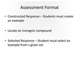 Assessment Format
• Constructed Response – Students must create
an example
• Locate an inoragnic compound
• Selected Response – Student must select an
example from s given set
 