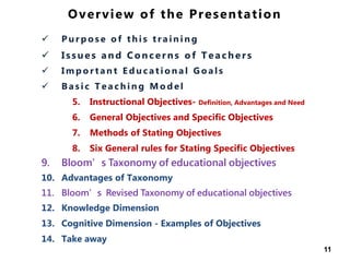 Overview of the Presentation
 P u r p o s e o f t h i s t r a i n i n g
 Issues and Concerns of Teach ers
 I m p o r t a n t E d u c a t i o n a l G o a l s
 B a s i c T e a c h i n g M o d e l
5. Instructional Objectives- Definition, Advantages and Need
6. General Objectives and Specific Objectives
7. Methods of Stating Objectives
8. Six General rules for Stating Specific Objectives
9. Bloom’s Taxonomy of educational objectives
10. Advantages of Taxonomy
11. Bloom’s Revised Taxonomy of educational objectives
12. Knowledge Dimension
13. Cognitive Dimension - Examples of Objectives
14. Take away
11
 