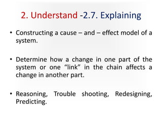 2. Understand -2.7. Explaining
• Constructing a cause – and – effect model of a
system.
• Determine how a change in one part of the
system or one “link” in the chain affects a
change in another part.
• Reasoning, Trouble shooting, Redesigning,
Predicting.
 