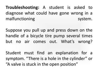 Troubleshooting: A student is asked to
diagnose what could have gone wrong in a
malfunctioning system.
Suppose you pull up and press down on the
handle of a bicycle tire pump several times
but no air comes out. What’s wrong?
Student must find an explanation for a
symptom. “There is a hole in the cylinder” or
“A valve is stuck in the open position”
 