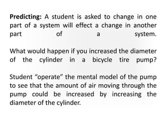 Predicting: A student is asked to change in one
part of a system will effect a change in another
part of a system.
What would happen if you increased the diameter
of the cylinder in a bicycle tire pump?
Student “operate” the mental model of the pump
to see that the amount of air moving through the
pump could be increased by increasing the
diameter of the cylinder.
 