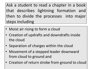 Ask a student to read a chapter in a book
that describes lightning formation and
then to divide the processes into major
steps including
• Moist air rising to form a cloud
• Creation of updrafts and downdrafts inside
the cloud
• Separation of charges within the cloud
• Movement of a stepped leader downward
from cloud to ground and
• Creation of return stroke from ground to cloud
 
