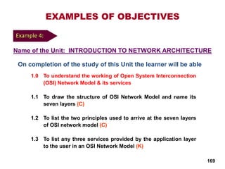 EXAMPLES OF OBJECTIVES
On completion of the study of this Unit the learner will be able
1.0 To understand the working of Open System Interconnection
(OSI) Network Model & its services
1.1 To draw the structure of OSI Network Model and name its
seven layers (C)
1.2 To list the two principles used to arrive at the seven layers
of OSI network model (C)
1.3 To list any three services provided by the application layer
to the user in an OSI Network Model (K)
Example 4:
Name of the Unit: INTRODUCTION TO NETWORK ARCHITECTURE
169
 