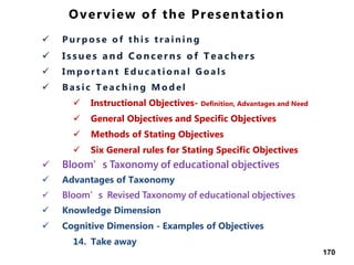 Overview of the Presentation
 P u r p o s e o f t h i s t r a i n i n g
 Issues and Concerns of Teach ers
 I m p o r t a n t E d u c a t i o n a l G o a l s
 B a s i c T e a c h i n g M o d e l
 Instructional Objectives- Definition, Advantages and Need
 General Objectives and Specific Objectives
 Methods of Stating Objectives
 Six General rules for Stating Specific Objectives
 Bloom’s Taxonomy of educational objectives
 Advantages of Taxonomy
 Bloom’s Revised Taxonomy of educational objectives
 Knowledge Dimension
 Cognitive Dimension - Examples of Objectives
14. Take away
170
 