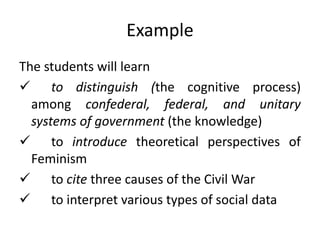 Example
The students will learn
 to distinguish (the cognitive process)
among confederal, federal, and unitary
systems of government (the knowledge)
 to introduce theoretical perspectives of
Feminism
 to cite three causes of the Civil War
 to interpret various types of social data
 