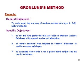 Example:
1. To list the two protocols that are used in Medium Access
Sub layer with respect to channel allocation.
2. To define collision with respect to channel allocation in
medium access sub-layer.
3. To calculate frame time T, for a given frame length and bit
rate in a channel.
Specific Objectives:
General Objectives:
To understand the working of medium access sub layer in OSI
Network Model.
GRONLUND’S METHOD
32
 